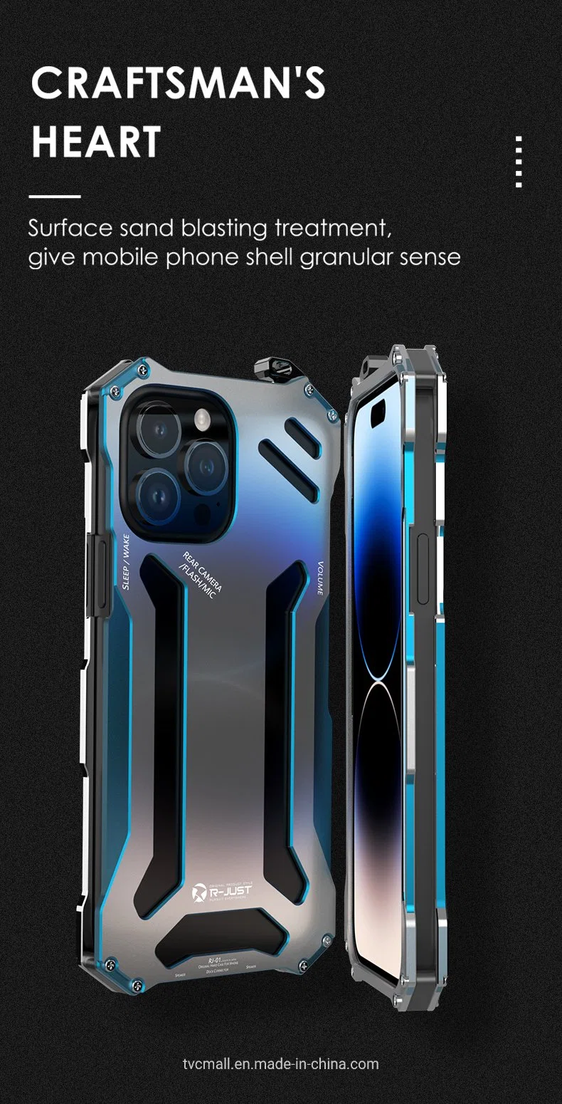 R-Just Mechanical Armor Metal Shockproof Case for iPhone 14 PRO Anti-Fall Phone Shell Hollow Design Phone Protector - Blue